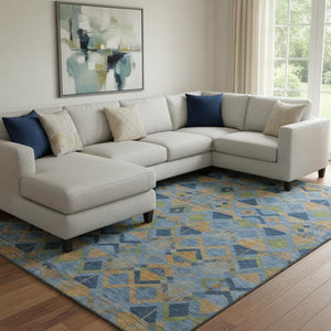HomeRoots 8' Stylish Denim Blue, Peach & Green Geometric Washable Area Rug - UV Protected & Durable Design 692890