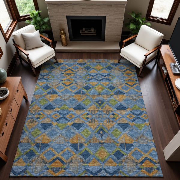 HomeRoots 8' Stylish Denim Blue, Peach & Green Geometric Washable Area Rug - UV Protected & Durable Design 692890