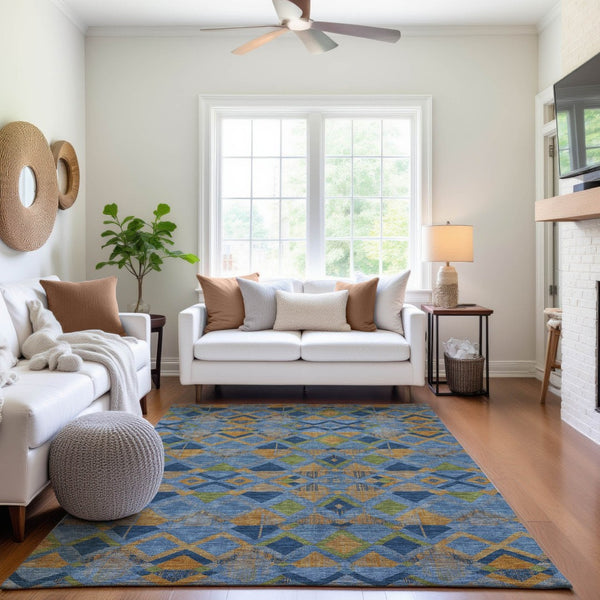 HomeRoots 8' Stylish Denim Blue, Peach & Green Geometric Washable Area Rug - UV Protected & Durable Design 692890