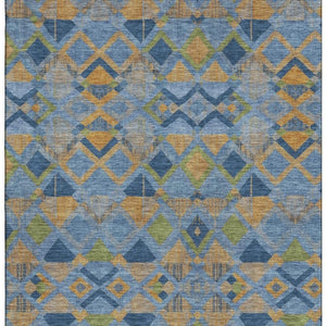 HomeRoots 8' Stylish Denim Blue, Peach & Green Geometric Washable Area Rug - UV Protected & Durable Design 692890