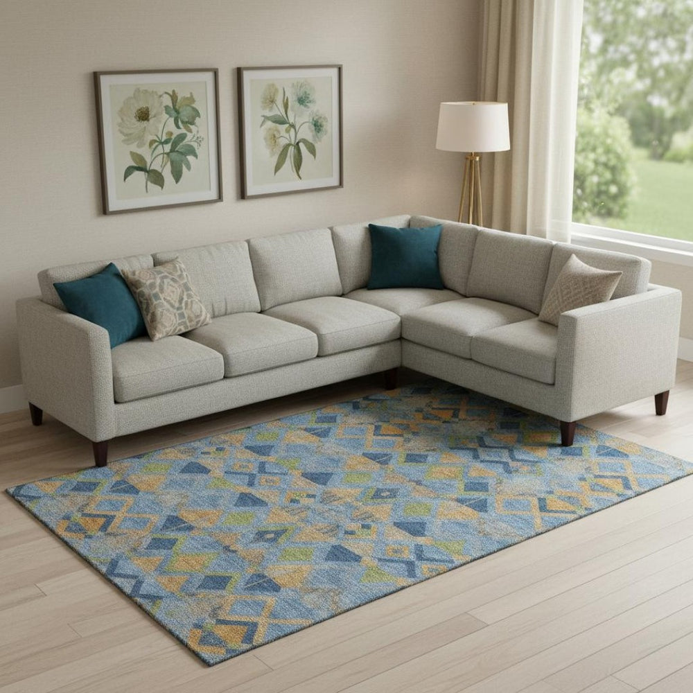 HomeRoots 9' Geometric Washable Area Rug in Denim Blue, Peach & Green - UV Protected, Stain Resistant & Durable 692891