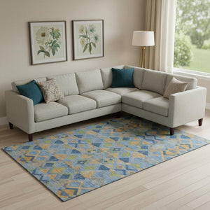HomeRoots 9' Geometric Washable Area Rug in Denim Blue, Peach & Green - UV Protected, Stain Resistant & Durable 692891