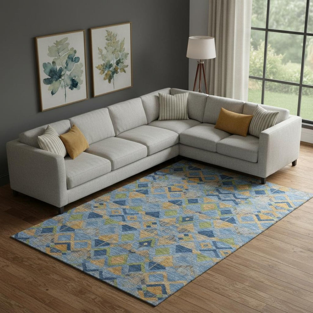 HomeRoots 10' X 14' Denim Blue Geometric Area Rug - Washable, UV-Protected, Modern Design for High Traffic Spaces 692892