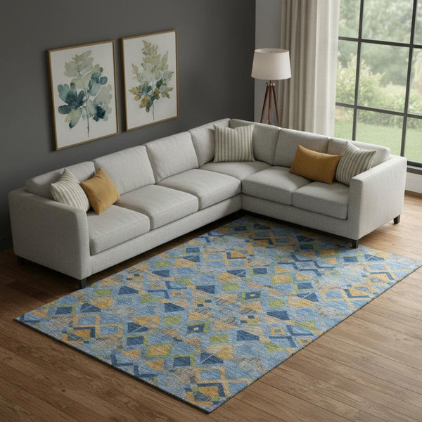 HomeRoots 10' X 14' Denim Blue Geometric Area Rug - Washable, UV-Protected, Modern Design for High Traffic Spaces 692892
