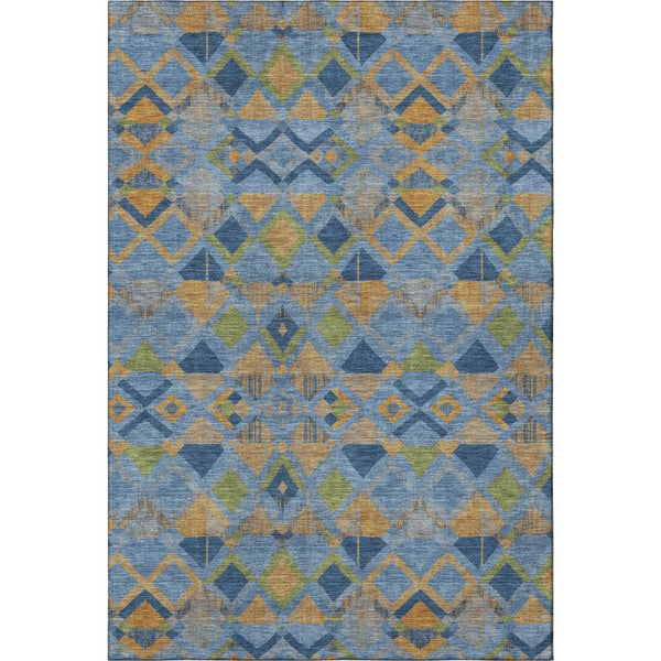 HomeRoots 10' X 14' Denim Blue Geometric Area Rug - Washable, UV-Protected, Modern Design for High Traffic Spaces 692892