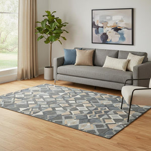 HomeRoots 5' X 8' Stylish Graphite Peach Ivory Geometric Washable Area Rug with UV Protection & Non-Slip Backing 692894