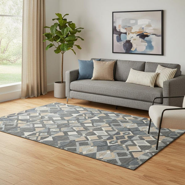 HomeRoots 5' X 8' Stylish Graphite Peach Ivory Geometric Washable Area Rug with UV Protection & Non-Slip Backing 692894