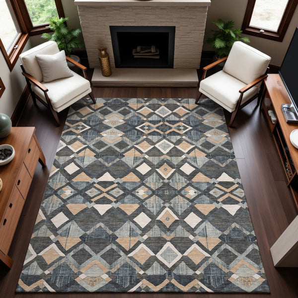HomeRoots 5' X 8' Stylish Graphite Peach Ivory Geometric Washable Area Rug with UV Protection & Non-Slip Backing 692894