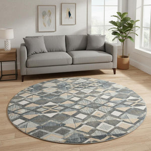 HomeRoots 8' X 8' Stylish Graphite Peach Ivory Geometric Washable Round Rug with UV Protection & Non-Slip Backing 692895