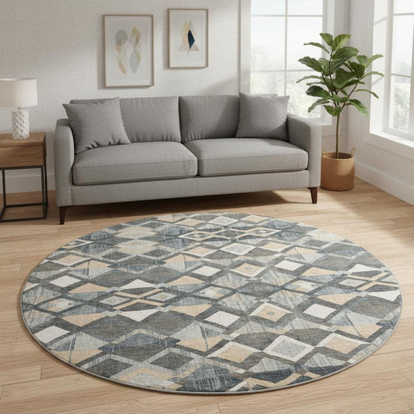 HomeRoots 8' X 8' Stylish Graphite Peach Ivory Geometric Washable Round Rug with UV Protection & Non-Slip Backing 692895