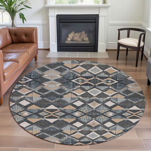 HomeRoots 8' X 8' Stylish Graphite Peach Ivory Geometric Washable Round Rug with UV Protection & Non-Slip Backing 692895