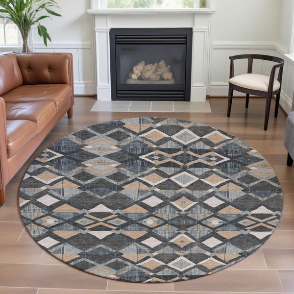 HomeRoots 8' X 8' Stylish Graphite Peach Ivory Geometric Washable Round Rug with UV Protection & Non-Slip Backing 692895