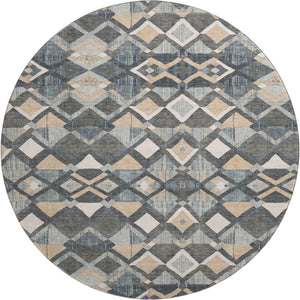 HomeRoots 8' X 8' Stylish Graphite Peach Ivory Geometric Washable Round Rug with UV Protection & Non-Slip Backing 692895