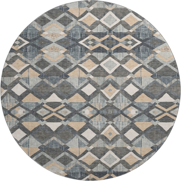 HomeRoots 8' X 8' Stylish Graphite Peach Ivory Geometric Washable Round Rug with UV Protection & Non-Slip Backing 692895