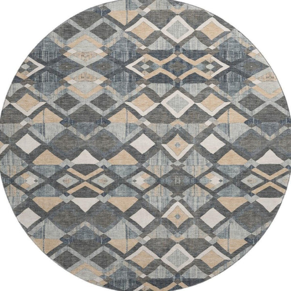 HomeRoots 8' X 8' Stylish Graphite Peach Ivory Geometric Washable Round Rug with UV Protection & Non-Slip Backing 692895