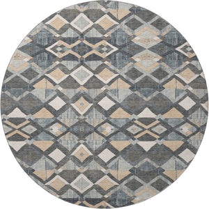 HomeRoots 8' X 8' Stylish Graphite Peach Ivory Geometric Washable Round Rug with UV Protection & Non-Slip Backing 692895