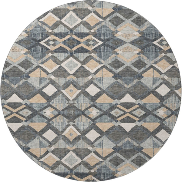 HomeRoots 8' X 8' Stylish Graphite Peach Ivory Geometric Washable Round Rug with UV Protection & Non-Slip Backing 692895