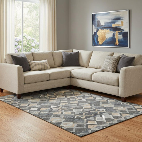 HomeRoots 8' Contemporary Geometric Area Rug in Graphite, Peach & Ivory - Washable, UV Protected & Durable! 692896