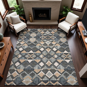 HomeRoots 8' Contemporary Geometric Area Rug in Graphite, Peach & Ivory - Washable, UV Protected & Durable! 692896