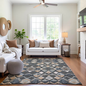 HomeRoots 8' Contemporary Geometric Area Rug in Graphite, Peach & Ivory - Washable, UV Protected & Durable! 692896