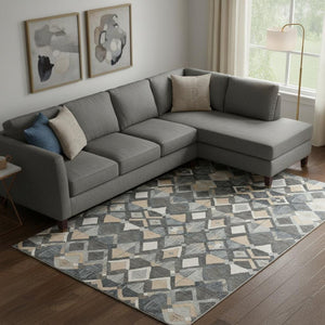 HomeRoots 9' X 12' Washable Graphite Peach Ivory Geometric Area Rug with UV Protection for Busy Homes 692897