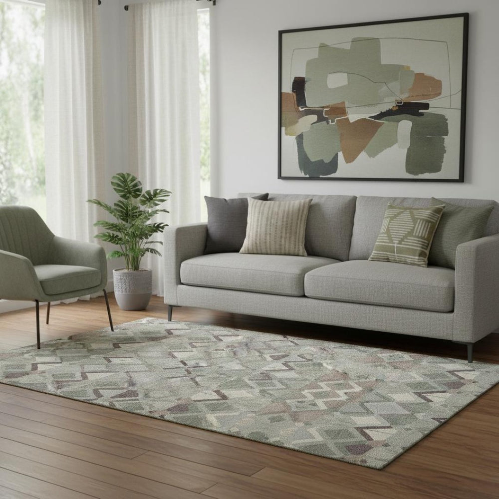 HomeRoots 5' X 8' Modern Sage Ivory Taupe Geometric Washable Area Rug with UV Protection & Stain Resistance 692900