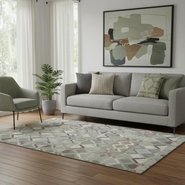 HomeRoots 5' X 8' Modern Sage Ivory Taupe Geometric Washable Area Rug with UV Protection & Stain Resistance 692900