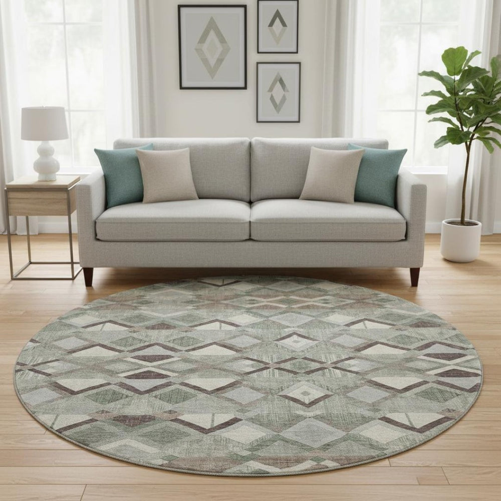 HomeRoots 8' X 8' Sage Ivory Taupe Geometric Round Rug - Washable, UV-Protected, Perfect for High-Traffic Areas 692901