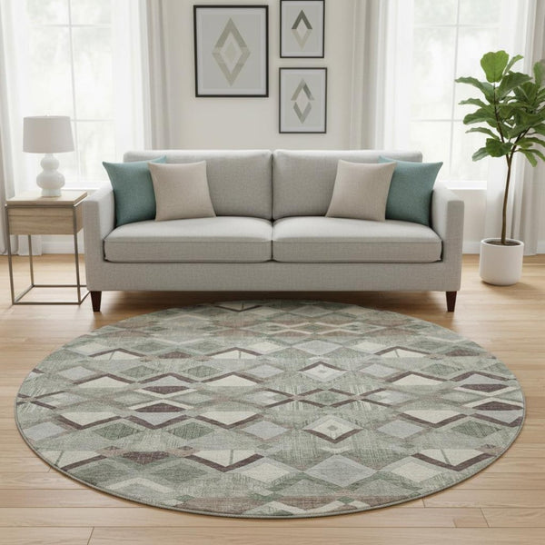 HomeRoots 8' X 8' Sage Ivory Taupe Geometric Round Rug - Washable, UV-Protected, Perfect for High-Traffic Areas 692901