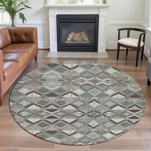 HomeRoots 8' X 8' Sage Ivory Taupe Geometric Round Rug - Washable, UV-Protected, Perfect for High-Traffic Areas 692901