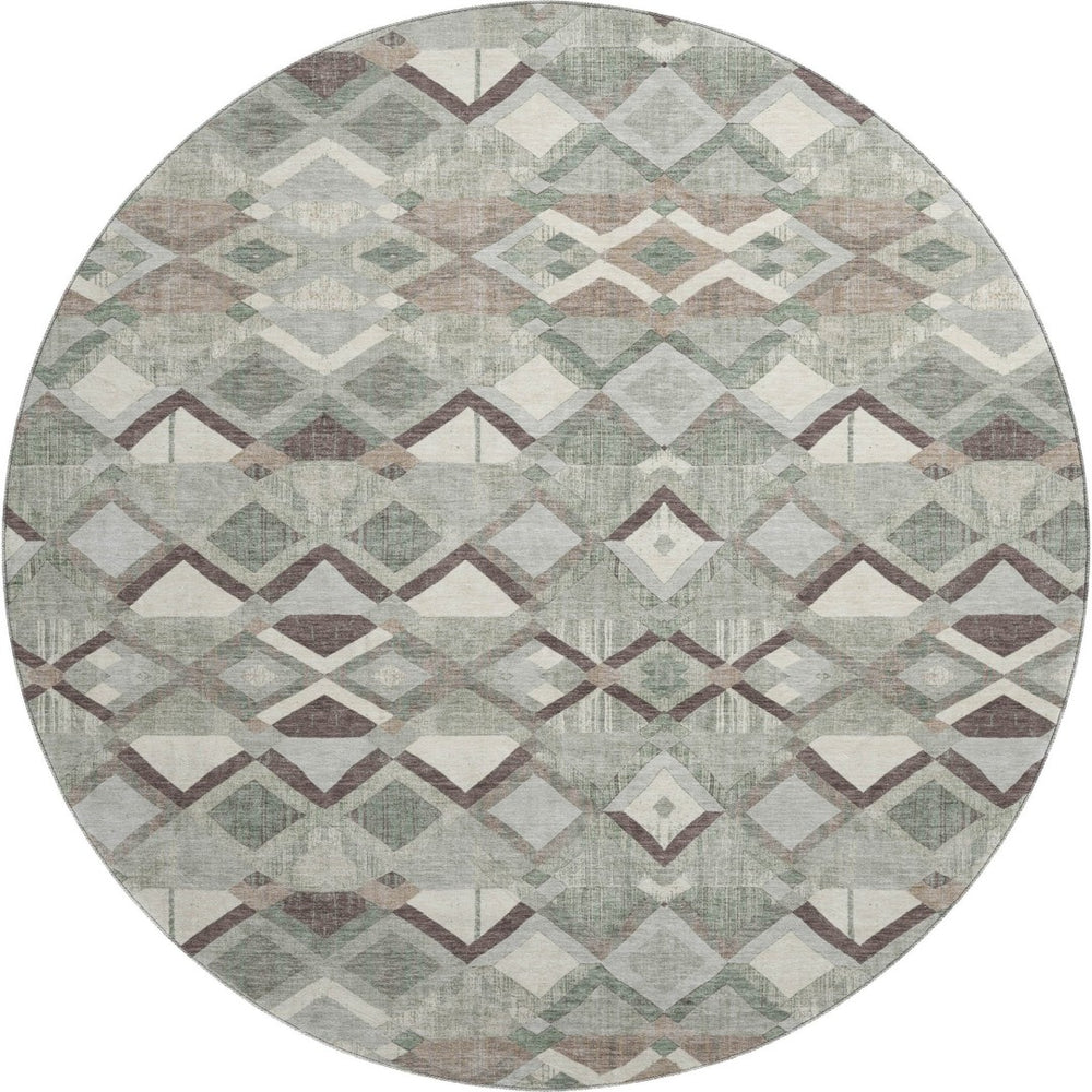 HomeRoots 8' X 8' Sage Ivory Taupe Geometric Round Rug - Washable, UV-Protected, Perfect for High-Traffic Areas 692901