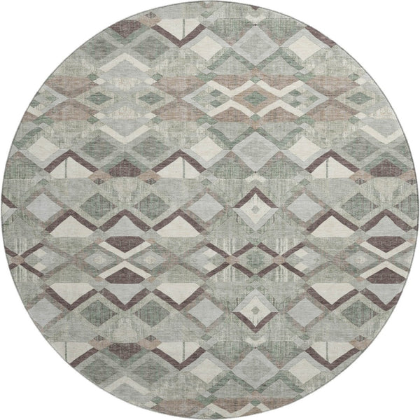 HomeRoots 8' X 8' Sage Ivory Taupe Geometric Round Rug - Washable, UV-Protected, Perfect for High-Traffic Areas 692901