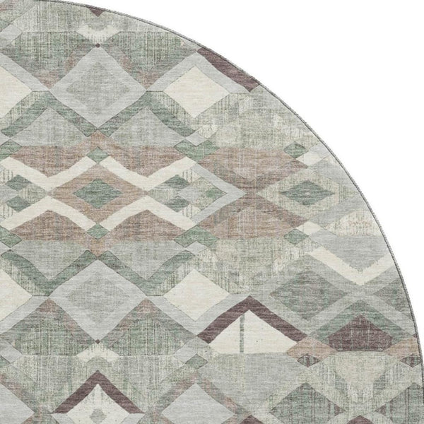 HomeRoots 8' X 8' Sage Ivory Taupe Geometric Round Rug - Washable, UV-Protected, Perfect for High-Traffic Areas 692901