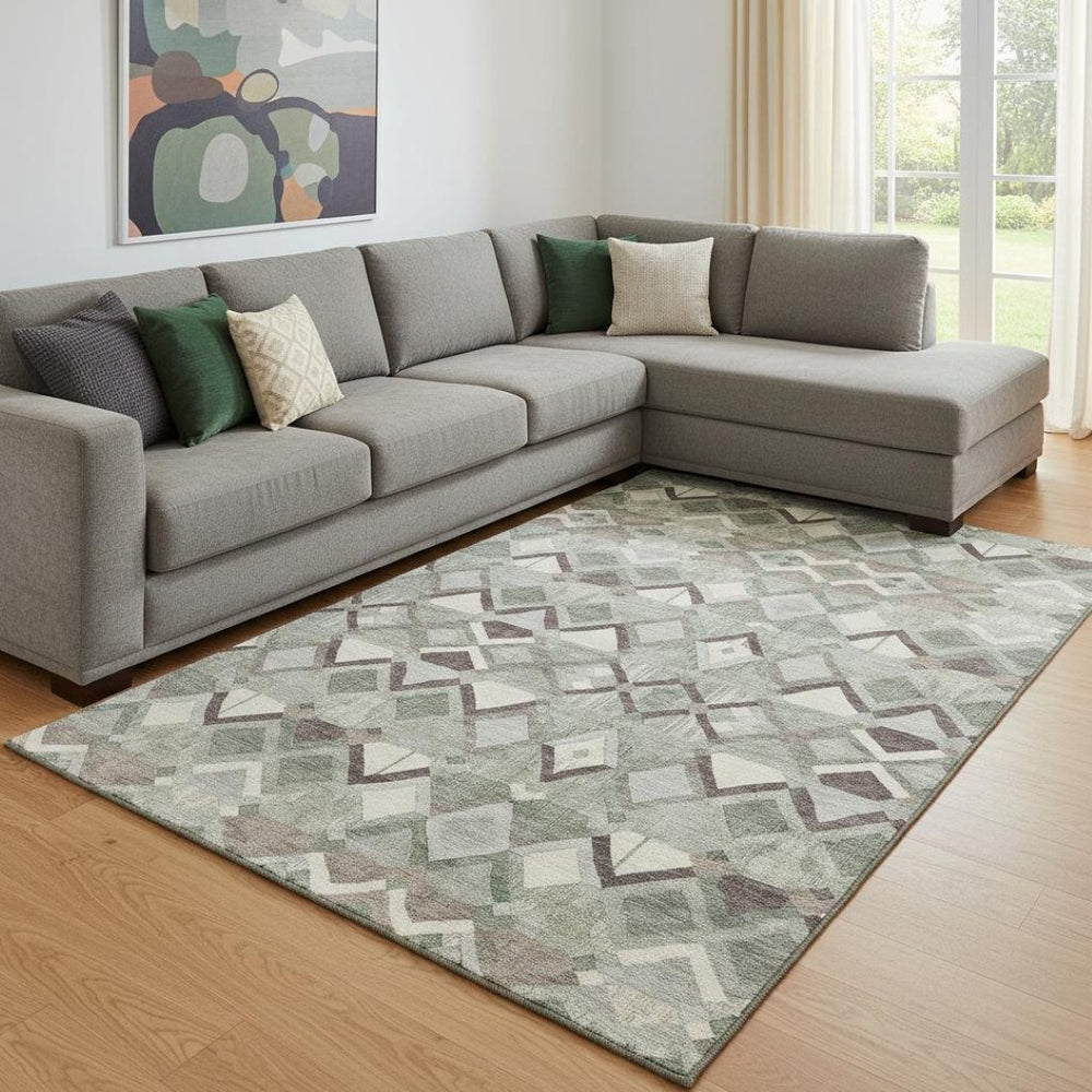 HomeRoots 8' Sage Ivory and Taupe Geometric Area Rug - Washable, UV-Protected, Durable for High-Traffic Spaces 692902