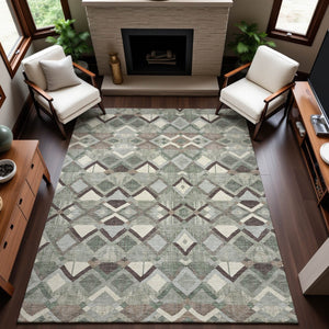 HomeRoots 10' X 14' Sage Ivory Taupe Geometric Area Rug - Washable, Stain-Resistant & UV Protected Design 692904