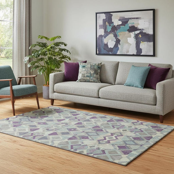 HomeRoots 5' X 8' Washable Area Rug in Pale Aqua & Purple Geometric Design – UV Protected & Durable! 692906