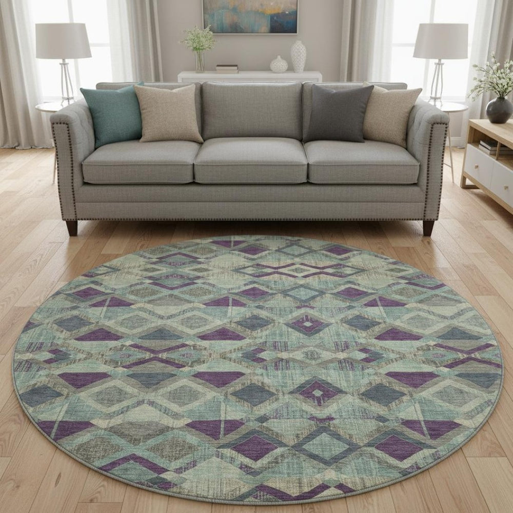 HomeRoots 8' Round Washable Rug in Pale Aqua & Purple Geometric Design, UV Protected for Kids & Pets' Safety 692907