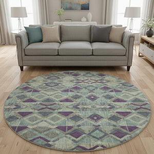 HomeRoots 8' Round Washable Rug in Pale Aqua & Purple Geometric Design, UV Protected for Kids & Pets' Safety 692907