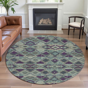 HomeRoots 8' Round Washable Rug in Pale Aqua & Purple Geometric Design, UV Protected for Kids & Pets' Safety 692907