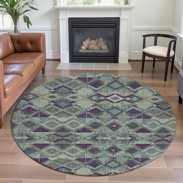 HomeRoots 8' Round Washable Rug in Pale Aqua & Purple Geometric Design, UV Protected for Kids & Pets' Safety 692907