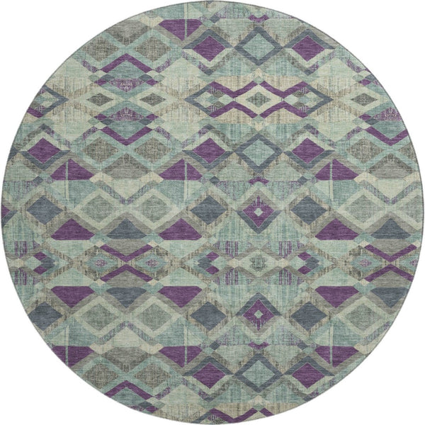 HomeRoots 8' Round Washable Rug in Pale Aqua & Purple Geometric Design, UV Protected for Kids & Pets' Safety 692907