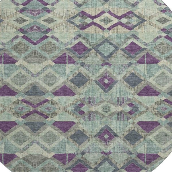 HomeRoots 8' Round Washable Rug in Pale Aqua & Purple Geometric Design, UV Protected for Kids & Pets' Safety 692907