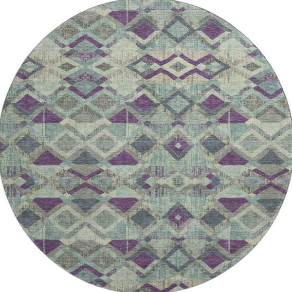 HomeRoots 8' Round Washable Rug in Pale Aqua & Purple Geometric Design, UV Protected for Kids & Pets' Safety 692907