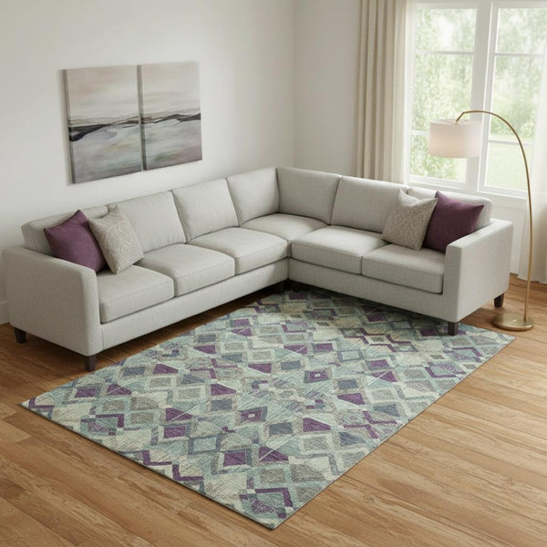 HomeRoots 9' X 12' Durable Pale Aqua & Purple Geometric Area Rug - Washable, Stain-Resistant, UV Protected! 692909