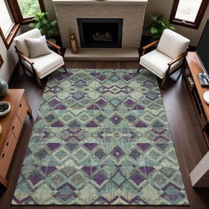 HomeRoots 9' X 12' Durable Pale Aqua & Purple Geometric Area Rug - Washable, Stain-Resistant, UV Protected! 692909