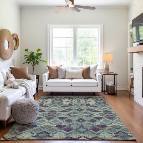 HomeRoots 9' X 12' Durable Pale Aqua & Purple Geometric Area Rug - Washable, Stain-Resistant, UV Protected! 692909