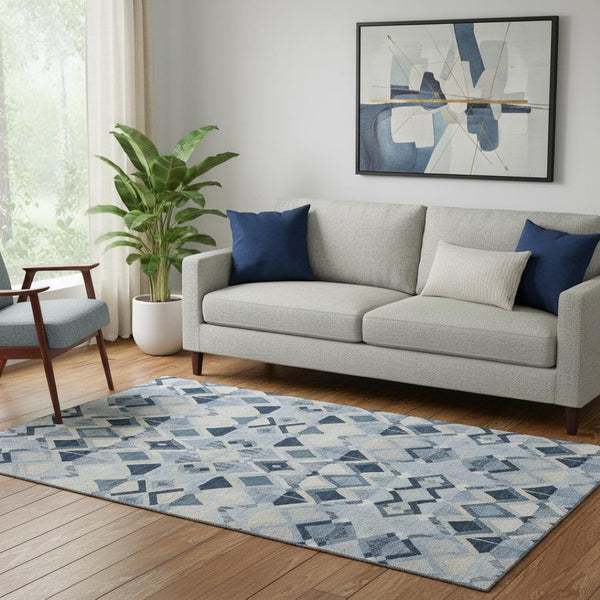 HomeRoots 5' X 8' Stylish Sky Blue, Ivory & Gray Geometric Area Rug - Washable, UV-Protected & Durable Design 692912