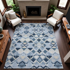 HomeRoots 5' X 8' Stylish Sky Blue, Ivory & Gray Geometric Area Rug - Washable, UV-Protected & Durable Design 692912