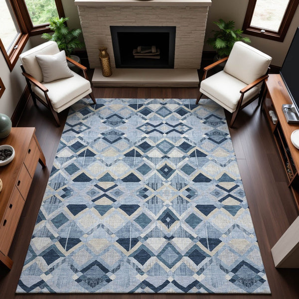 HomeRoots 5' X 8' Stylish Sky Blue, Ivory & Gray Geometric Area Rug - Washable, UV-Protected & Durable Design 692912