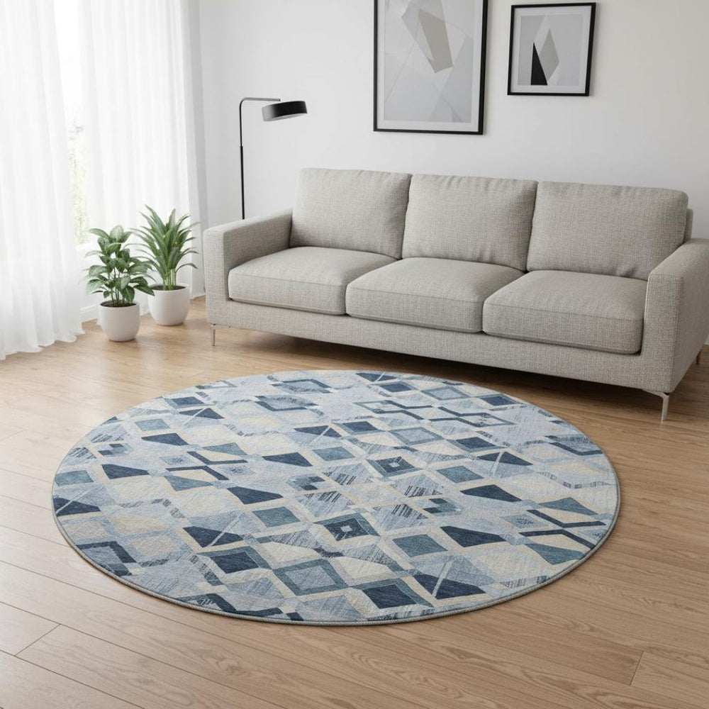 HomeRoots 8' X 8' Geometric Sky Blue Ivory Gray Round Rug - Washable, UV Protected, Perfect for Busy Homes! 692913